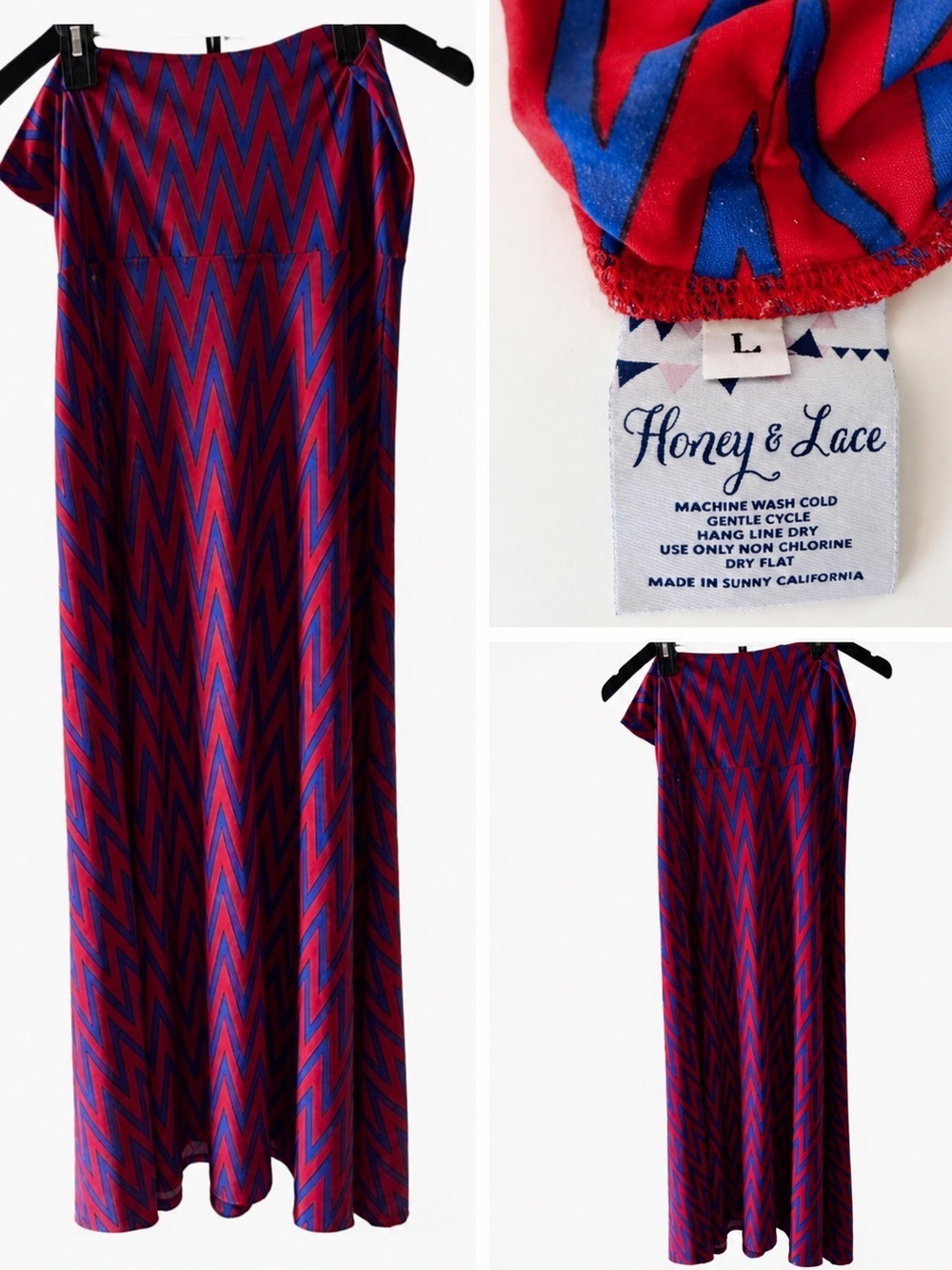 #0280 - Red and Blue Chevron Maxi Dress. Size Large. Brand: Honey & Lace.
